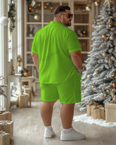 Men's Big & Tall Christmas Green Santa Cosplay Printed Short Sleeve Shirt Shorts Set